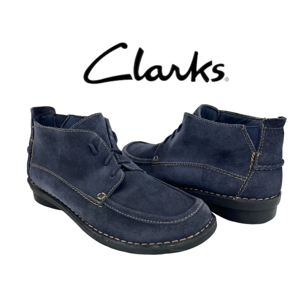 Clarks Womens 7.5 Bendables 63002 Navy Blue Suede Chukka Lace-Up Ankle Boot